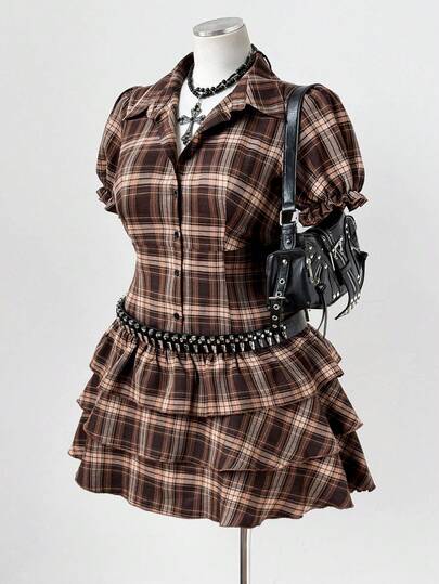 Sunspun Vestido mini de patinadora con cuello de camisa, mangas de pétalo, volantes en el bajo y cintura ceñida en estampado escocés marrón retro americano