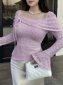 Feyla 女士纯色纹理系带长袖T恤 - 淡紫色 - 查看 5