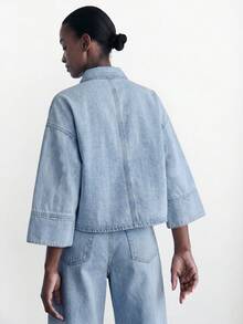 Maija Áo denim màu xanh đậm dành cho nữ, tay lỡ, dáng rộng, phong cách nghỉ dưỡng và cổ điển, thích hợp cho mùa thu. - Rửa nhẹ - Xem 5