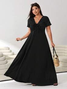 Solflare Vestido casual de verano de manga corta con cuello en V y fruncido, talla grande, color negro - Negro - Ver 4
