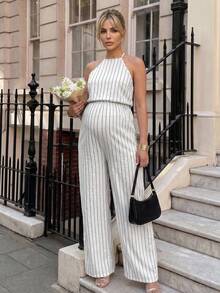 MaterniWear Khaki Striped Jumpsuit For Pregnant Women, Suitable For Summer Commuting. - Khaki - View 1