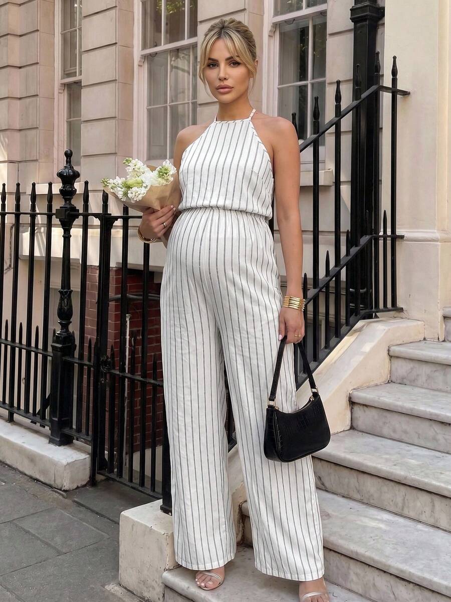 MaterniWear Khaki Striped Jumpsuit For Pregnant Women, Suitable For Summer Commuting. - Khaki - View 1
