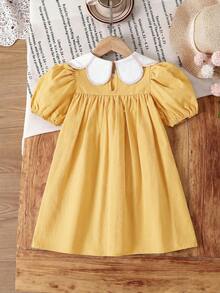 Emery Rose Kids Young Girl Pastoral Floral Embroidered Pattern Ruffle Collar Puff Sleeve Dress,Versatile Round Neck Trim Contrast Color - Yellow - View 4