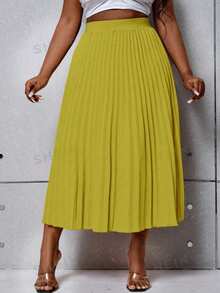 SHEIN Clasi Plus Size Solid Color Elegant Pleated Zip-Up Skirt, Spring/Summer - Yellow - View 5