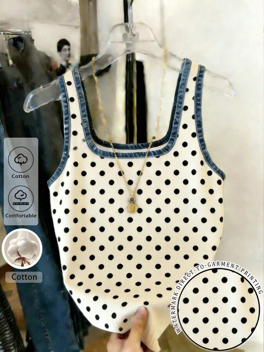 Resyla Cotton Casual 2000s Fitted Versatile Fruit Print Women Tank Top Date Black And White Polka Dot Summer - Multicolor - View 1