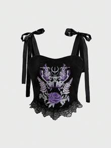 ROMWE Áo hai dây nữ kiểu retro Gothic bí ẩn thêu đầu lâu, bướm và hoa hồng trên vải nhung, có nơ. - màu đen - Xem 1