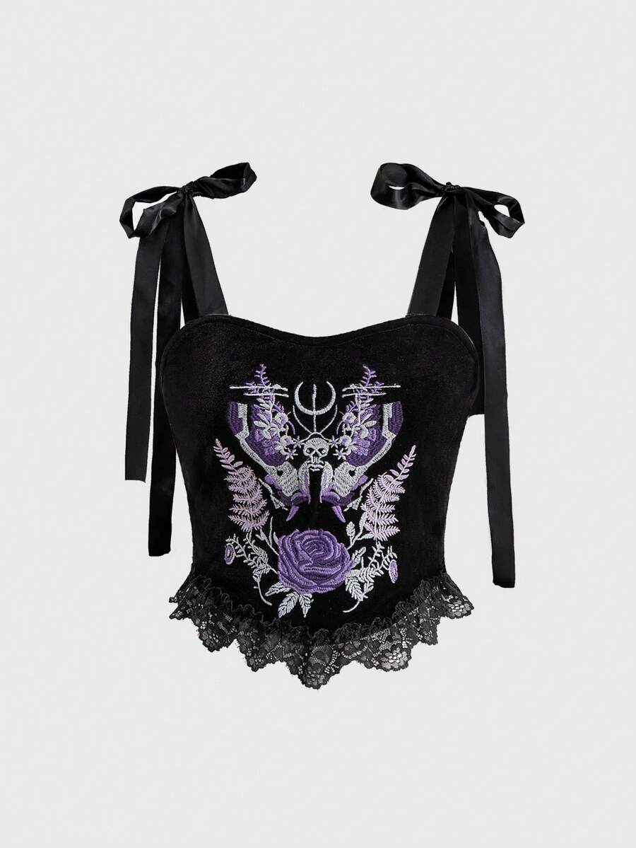 ROMWE Áo hai dây nữ kiểu retro Gothic bí ẩn thêu đầu lâu, bướm và hoa hồng trên vải nhung, có nơ. - màu đen - Xem 1