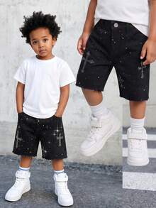 SHEIN Boys' Summer New Denim Shorts With Rhinestone Decor, Elastic Waist, Fashionable Street Style, Comfortable Fit, Versatile For Summer Back-To-School 80s - Black - View 7