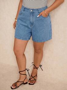 Elaquor Plus Size Summer Casual Slant Pocket Denim Shorts Set Beach Formal Sky Blue Navy Blue - Blue - View 7