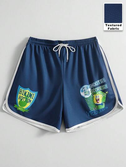 SpongeBob SquarePants | SHEIN TOKVUE Quần short nam mùa hè kiểu dáng thể thao thường ngày, in chữ, viền tương phản, cạp chun có dây rút.