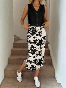 SHEIN LUNE Bộ đồ nữ gồm áo khoác cardigan cài nút và chân váy ngắn, thích hợp cho mùa xuân/hè. - Nhiều màu - Xem 6