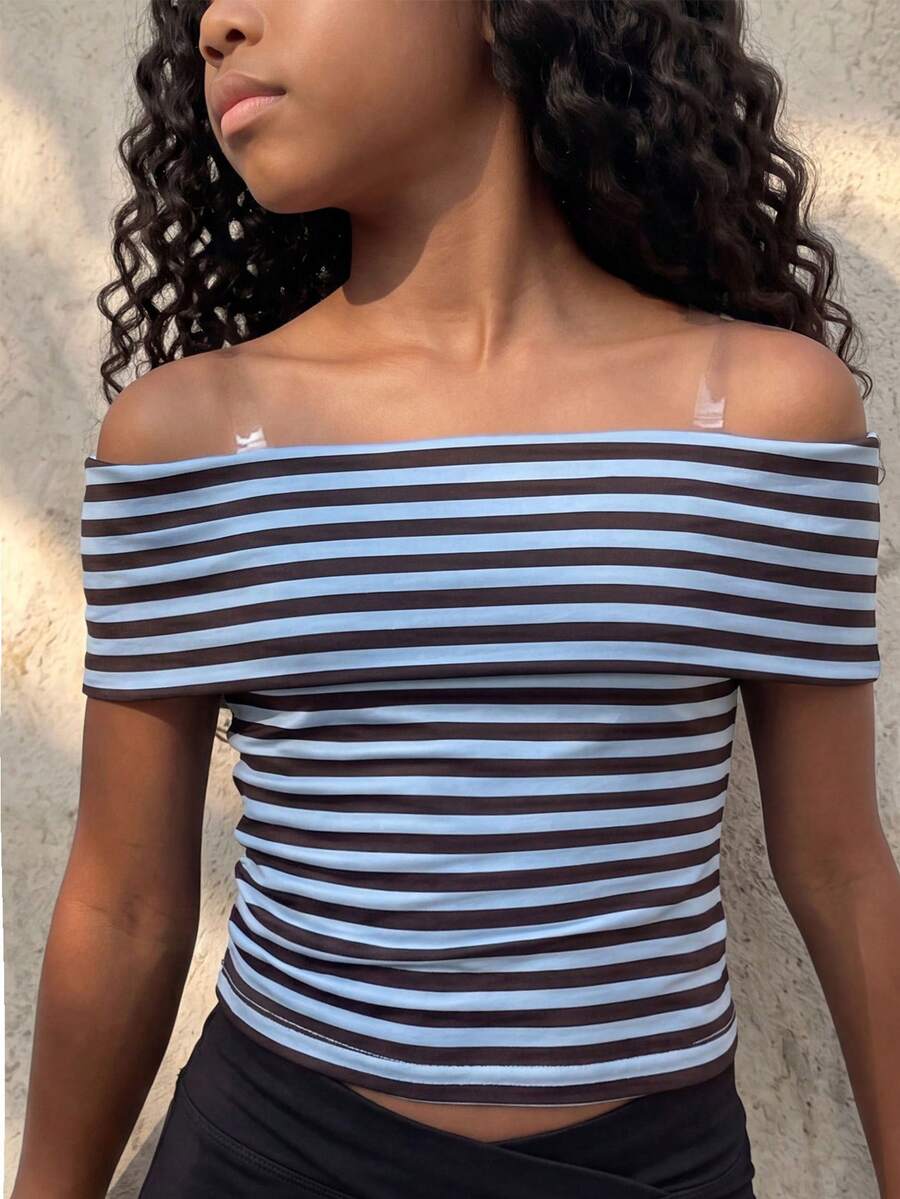 Coolane Kids Top corto de ajuste ceñido con hombros descubiertos de unicolor para niñas preadolescentes - Azul y blanco - Ver 1