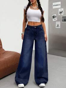 SHEIN Tall Tall Low Waist Snow Wash Wideleg Jean - Dark Wash - View 5