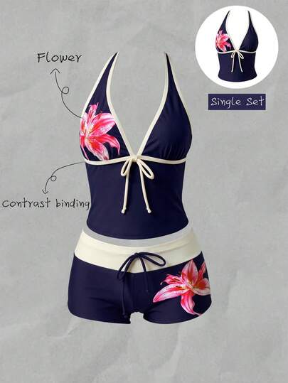 Elavelle Women's Spring/Summer Bowknot Spaghetti Strap Printed Bikini Top