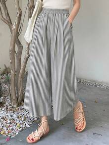 DAZY Women's Striped Pocket Casual Loose Vacation Pants Vacation Beige Autumn - Black - View 6
