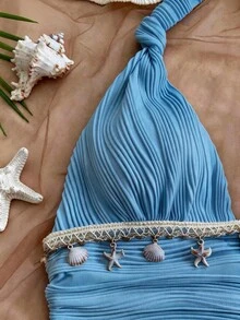 Vestido de verano sin mangas con cuello halter y espalda descubierta de unicolor para mujer - Blanco - Ver 11