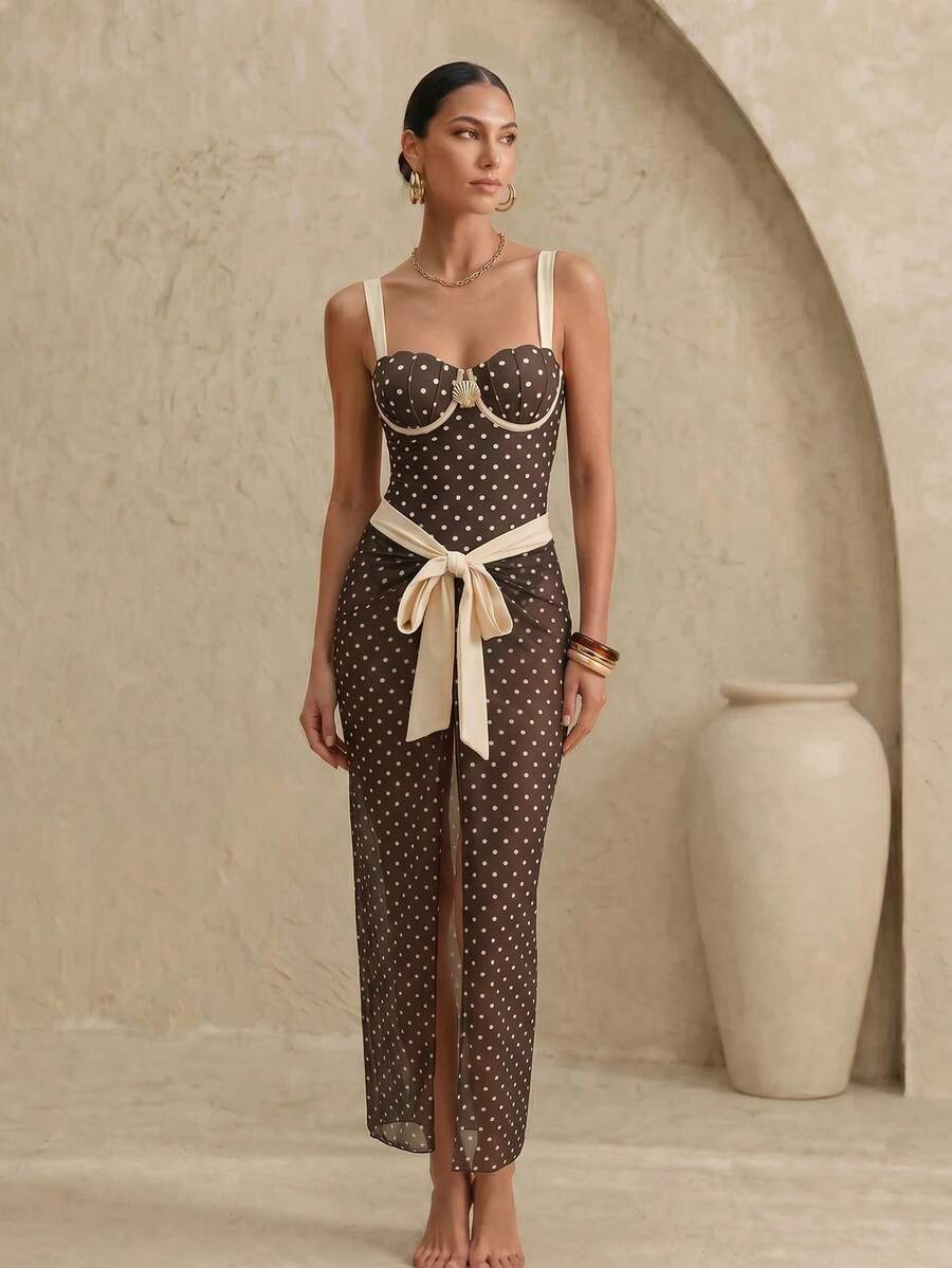 Anewsta 26SS Spring/Summer Beach Vacation High-End Elegant Shell Cup Polka Dot Metal Shell Matching Skirt 2 Pieces Swimsuit 2026 New Women's Swimwear ArrivalFor School,Suitable For Holiday, Date, Afternoon Tea, Western, Cruise, Beach, Island, Road Trip, All Seasons, Music Festival, Boho Vacation,Bohemian Vacation, Chill Autumn ,Western Boho ,Elegant Tops For Women Bathing Suits For Women Polka Dot Women's Swimming Costume Polka Dot Bathing Suit Women's Swimsuit Polka Dot Swimwear Brown Polka Dot Bathing Suit Swimsuits For Woman Polka Dot Brown Polka Dot Swimsuit One Piece Swimsuit Pin Up Outfit One Price Bathing Suits For Women Corset Outfits For Women - Multicolor - View 1