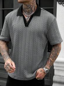 Manfinity CasualCool 男士复古针织短袖 Polo 衫，V 领撞色领休闲纹理上衣，夏季 - 藍色 - 查看 3