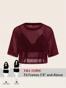 SHEIN Tall CURVE Plus Size Women Solid Color Mesh Short Sleeve Top Paired With Cropped Camisole - Burgundy - View 2