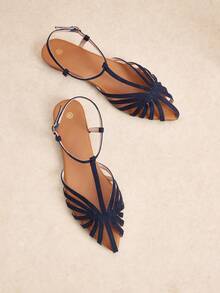 Rosivie Giày sandal đế bằng mũi nhọn màu xanh hải quân dành cho nữ, thiết kế quai chữ T rỗng, gót thấp thoải mái, kiểu dáng retro mùa hè, thích hợp đi biển hoặc đi làm. - Màu xanh ngọc - Xem 3