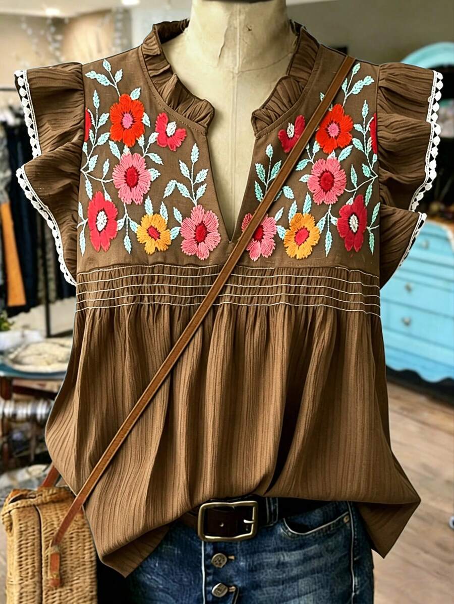 Linhara Plus Size Women Summer Floral Print Ruffle Trim Notched Neck Cap Sleeve Blouse - Brown - View 1