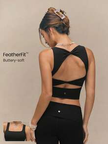 GLOWMODE FeatherFit™ Active Ambition 奶油般柔軟方領扭轉露背可拆式胸墊短版運動背心 低強度瑜珈皮拉提斯工作室日常穿搭 - 黑色 - 查看 1