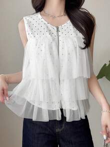 FRIFUL Áo nữ thời trang in chấm bi, phối lưới, khóa kéo phía trước - trắng - Xem 3