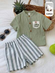 SHEIN 2pcs Unisex Baby Boy/Girl Casual Vacation Style Short Sleeve Shirt And Striped Shorts Set, Baby Boy Outfit Sets, Baby Boy Summer Clothes - Green - View 7
