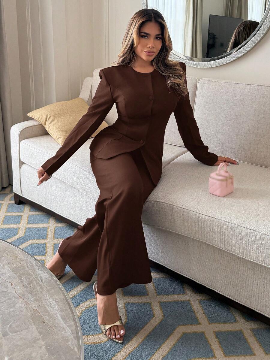 Maria Perezxox Conjunto de blazer y pantalones de un solo abotonado de unicolor simple para mujer, adecuado para el trabajo y el transporte - Café integral - Ver 1