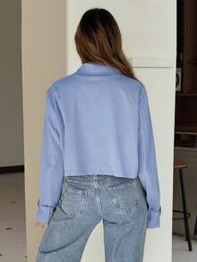 SHEIN EZwear 女款休閒日常通勤極簡純色短版防風夾克外套，春/秋季 - 淺藍色 - 查看 2