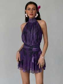 Aloruh New Spring/Summer Sleeveless Mock Neck Brush Stroke Print Mesh Ruched Tiered Hem Backless Mini Dress, Suitable For Holiday, Date, Afternoon Tea, Vacation, Music Festival, Boho - Purple - View 3