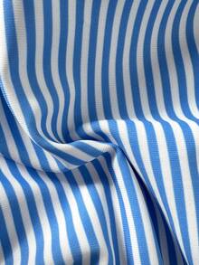 SHEIN Tween Girl Blue & White Striped Print Ruched Bust One-Piece Swimsuit - Blue and White - View 8