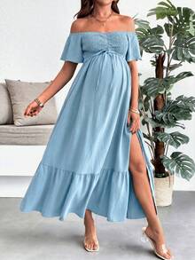 SHEIN Maternity Vacation Solid Color Off-Shoulder Shirred Design Side Slit Dress - Blue - View 4