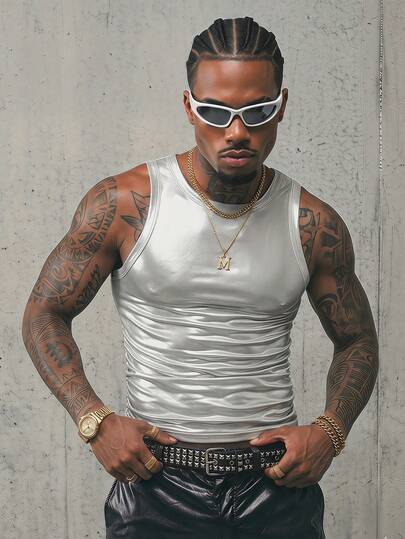 FeverCity Unisex Street Style Silver Icy Silk Fitted Sleeveless Crop Top, Fashionable