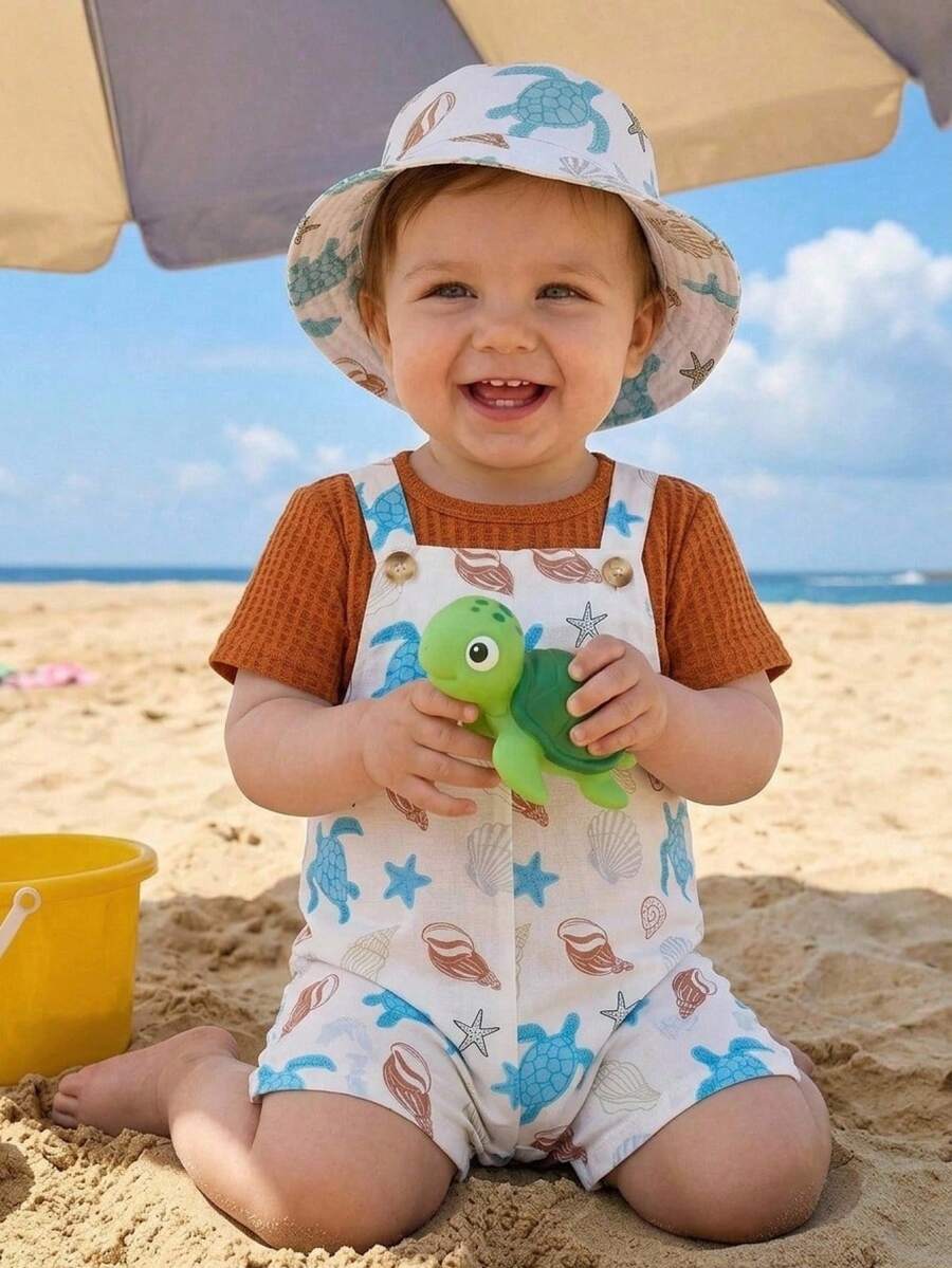 SHEIN Bộ 2 món cho bé trai/unisex, áo thun ngắn tay màu nâu và quần yếm in hình sao biển và rùa, thích hợp cho kỳ nghỉ. - màu nâu - Xem 1