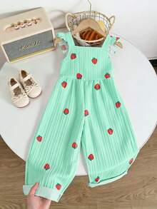 Elladie kids 1 Stück weißer ärmelloser Jumpsuit mit Kirschprint und Träger-Design für Kleine Mädchen, mit niedlichen Rüschenärmeln und roter Verzierung, locker geschnitten für bequemen Alltags-Tragekomfort, geeignet für Casual, Homewear, leichte Outdoor-Aktivitäten im Frühling/Sommer - Grün - Übersicht 6