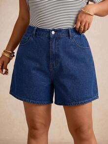 Elaquor Plus Size Summer Casual Slant Pocket Denim Shorts Set Beach Formal Sky Blue Navy Blue - Blue - View 3