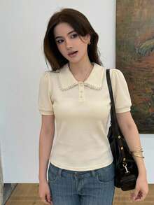 DAZY Women Summer Casual Solid Color Faux Pearl Embellished Peter Pan Collar Short Sleeve T-Shirt - Apricot - View 1
