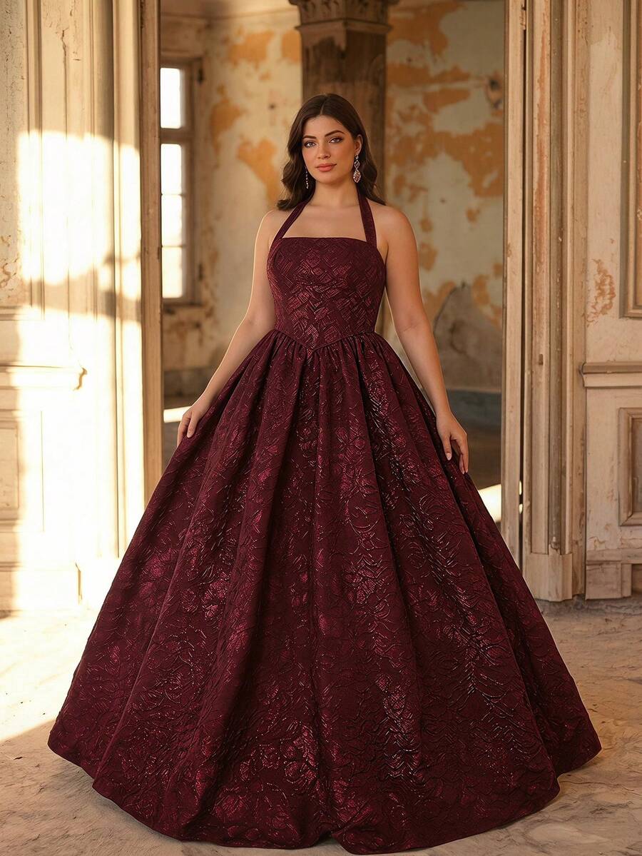 Aureia Elegant, , Fashionable Wine Red Jacquard Fabric Halter Dress, Party Wedding Guest Plus Size Bridesmaid Formal Evening Gown