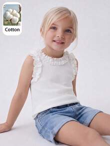 SHEIN Genkimix Kids Spring Summer Girls Toddler White Ribbed Ruffle Trim Camisole Fine Vertical Ribbed Fabric Layered Ruffle Trim Neckline Straps Gentle Sweet Girl Vibe - White - View 8