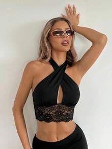 SHEIN ICON Women's Fashion Sexy Lace Patchwork Halter Neck Camisole - Black - View 6
