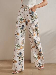 Anewsta Women's New Floral Print White Straight Leg Pants, Summer Promotion - White - View 7