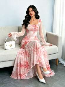 Modelyn 复古扎染印花优雅法式连衣裙，女士时尚方领喇叭袖修身长款连衣裙，不对称荷叶边下摆，夏季度假网纱连衣裙 - 彩色 - 查看 4