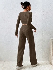 EURMUSE Cotton 2pcs/Set Ribbed Short Sleeve T-Shirt & Long Pants Outfits - Dark Grey - View 2
