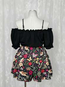 Sunspun Plus Size Floral & Butterfly Print Patchwork Off-Shoulder Jumpsuit - Multicolor - View 2