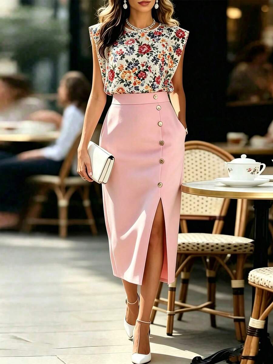 SHEIN Women's Standard Size Floral Print 2-Piece Set, Round Neck T-Shirt Sleeveless Top Side Slit Skirt With Waist Button, Casual Elegant Summer Outfit - Multicolor - View 1