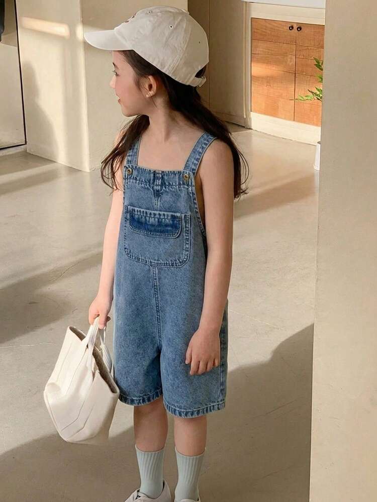 Young Girl' Solid Color Denim Bib Pants Jumpsuit