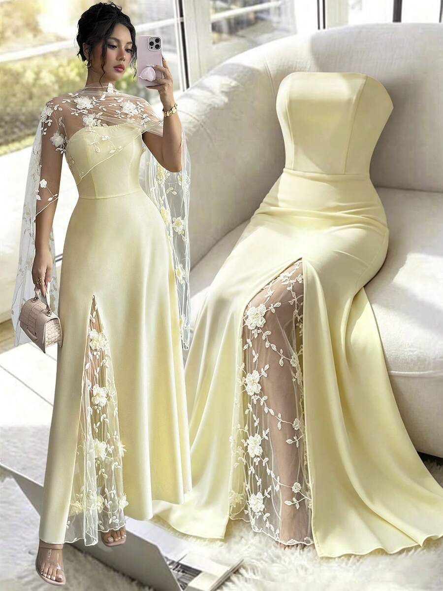 SHEIN Raffinéa Women's Floral Patchwork Mesh Elegant Dress - Butter Yellow - View 1