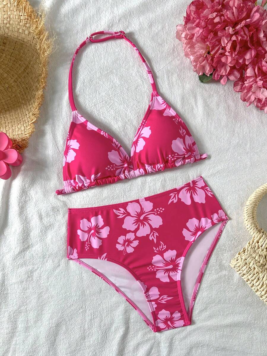 SHEIN Tween Girl Tankini Swimwear Set, Pink Floral Print, Summer Beach Vacation - Hot Pink - View 1