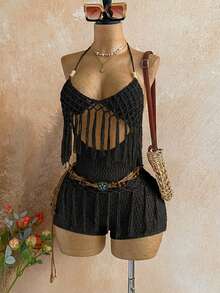 Soleia Women's Sleeveless Hollow Out Fringe Decor Fashion Knit Dress, Summer - Black - View 8